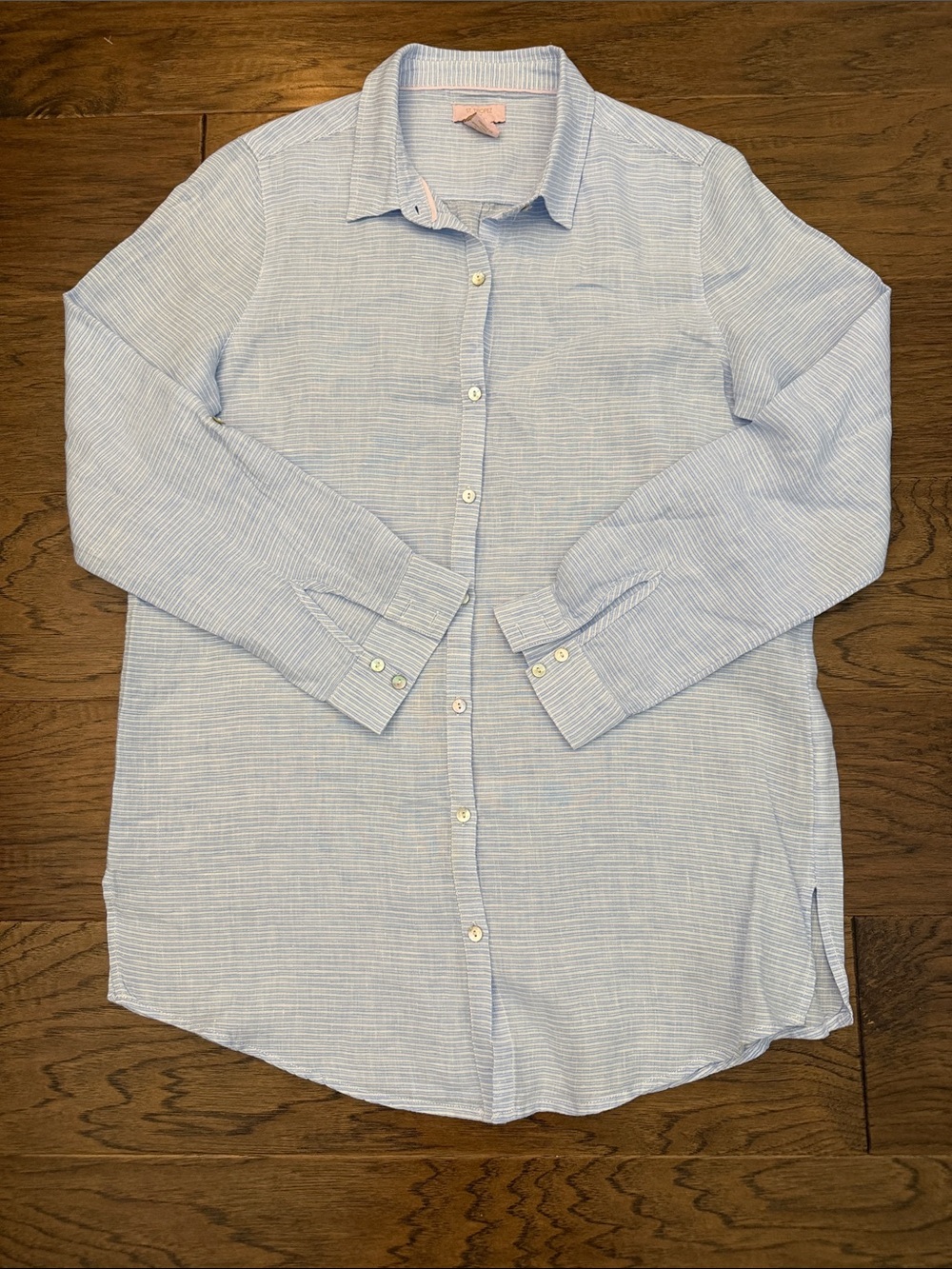 St.Tropez West Pink Label 100% Linen Blue Strip Roll Sleeve Women Tunic M